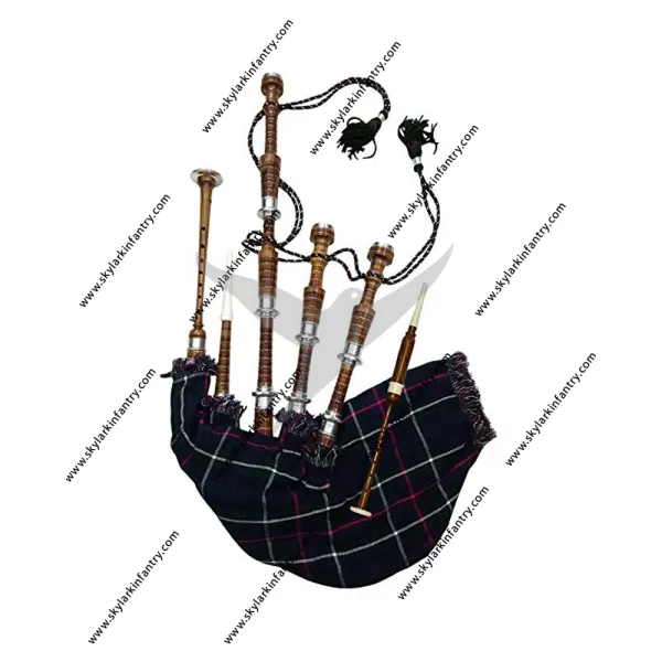 Rosewood Bagpipe Mackenzie Silver Plain Mounts Brown Color Scottish Highland Bagpipes with Accessories