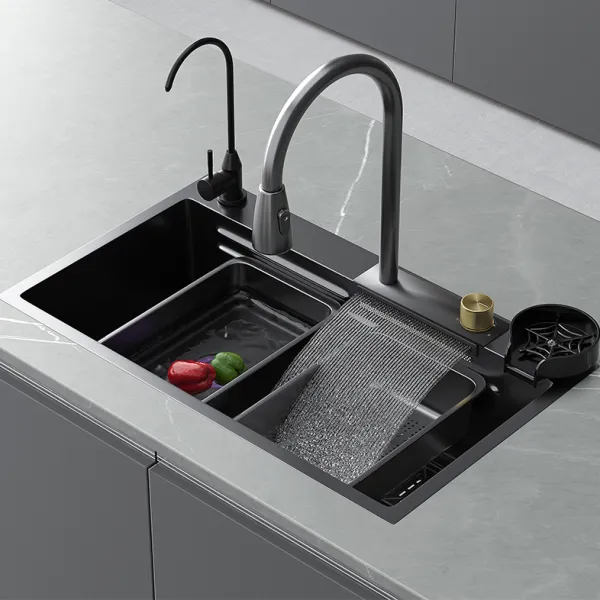 Modern Black Single Bowl Stainless Steel Multifunctional Workstation Waterfall Kitchen Sink with Cup Washer