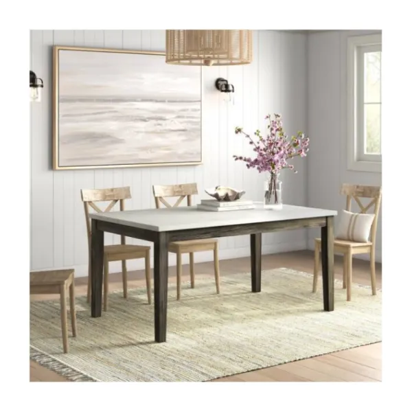 Rustic Design Kitchen Rectangular White Natural Genuine Marble Top Dining Table With Engineered Wood Legs