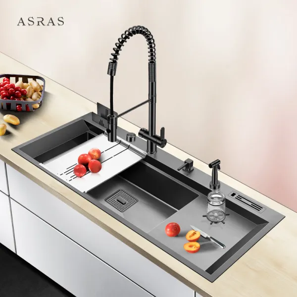 Asras SUS304 Black Nano Handmade Sink With Cup Washer with Drain and Kitchen Faucet