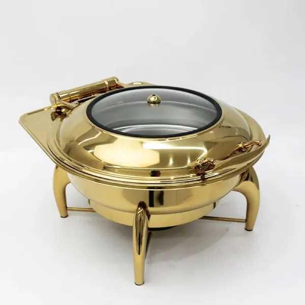 Luxury Decorative Fancy Chafing Dish 6.5l Round Roll Top Chafing Dish Gold Hydraulic Buffet Food Warmer