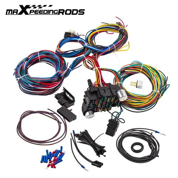 maXpeedingrods New Wiring Harness 21 Circuit 17 Fuses Kit Universal Connector Signals Flasher Injector Harness