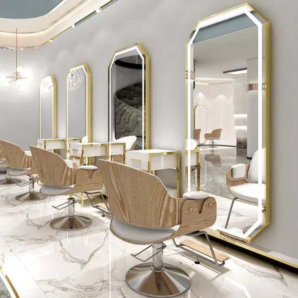 Luxury gold hexagon single side barber mirror stations hair dressing salon mirror station with led light barber mirrors