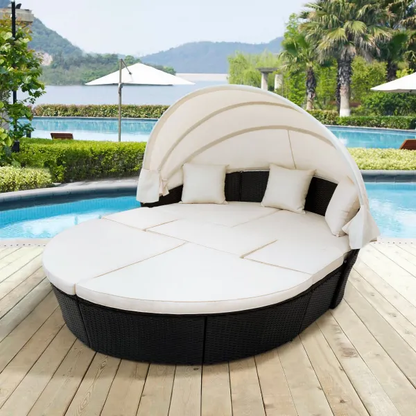 Outdoor rattan daybed sunbed with Retractable Canopy Wicker Furniture Round Outdoor Sectional Sofa Set, black Wicker Furniture