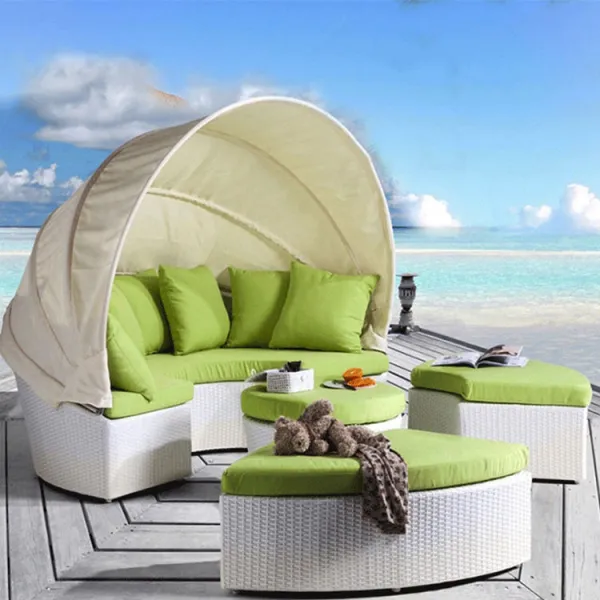 Outdoor Beach Patio Garden Swimming Pool Side Wicker Chaise Lounge Sun Bed Lounger Adjusting Round Rattan Daybed with Canopy