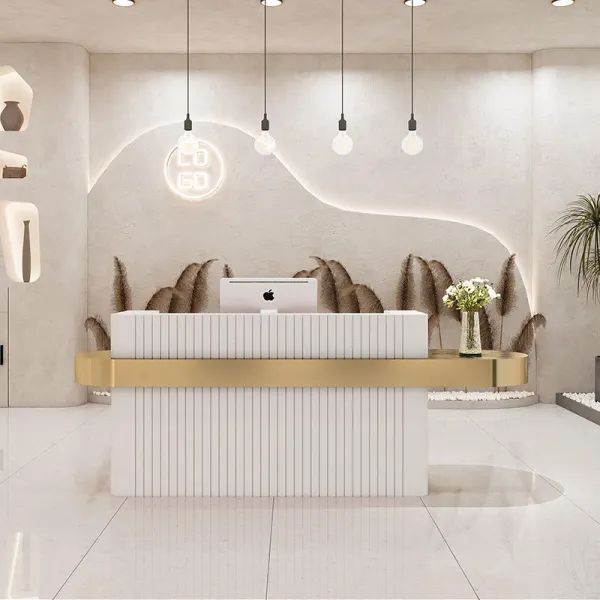 Modern beauty shop sap white front counter desk wooden gold frame salon reception desk luxury