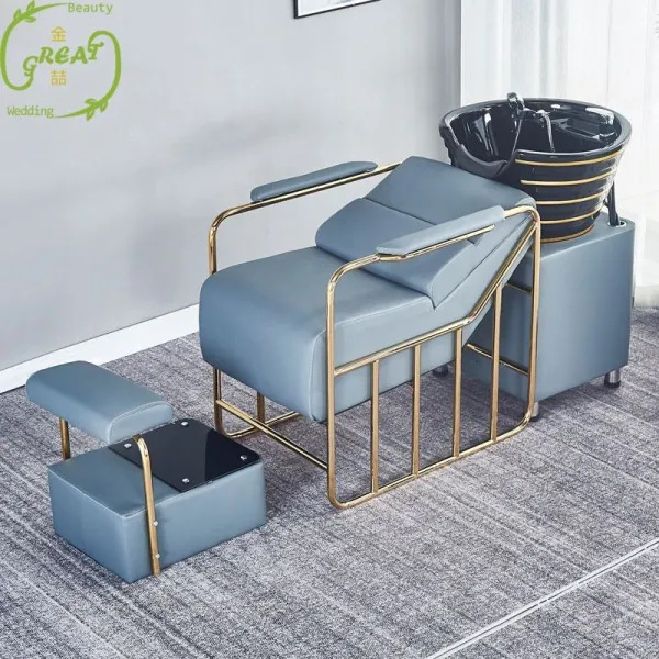Best Sale High Quality Luxury Gold Shampoo Chair Bed Hair Washing Unit Basin With Ceramic Bowl