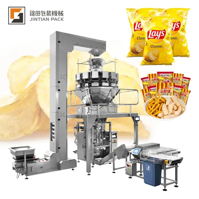 Vffs date printing plastic bag chips peanuts automatic packaging machine