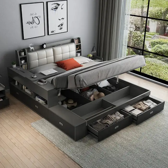 Queen size storage bed tatami king size wood