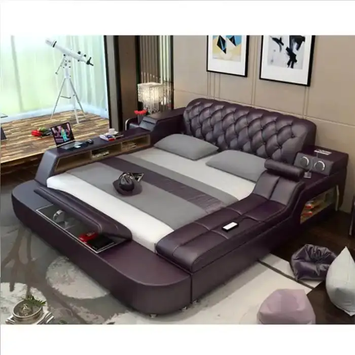 Leather Massage Bed with Drawers Safe Box Leather Bed King Size