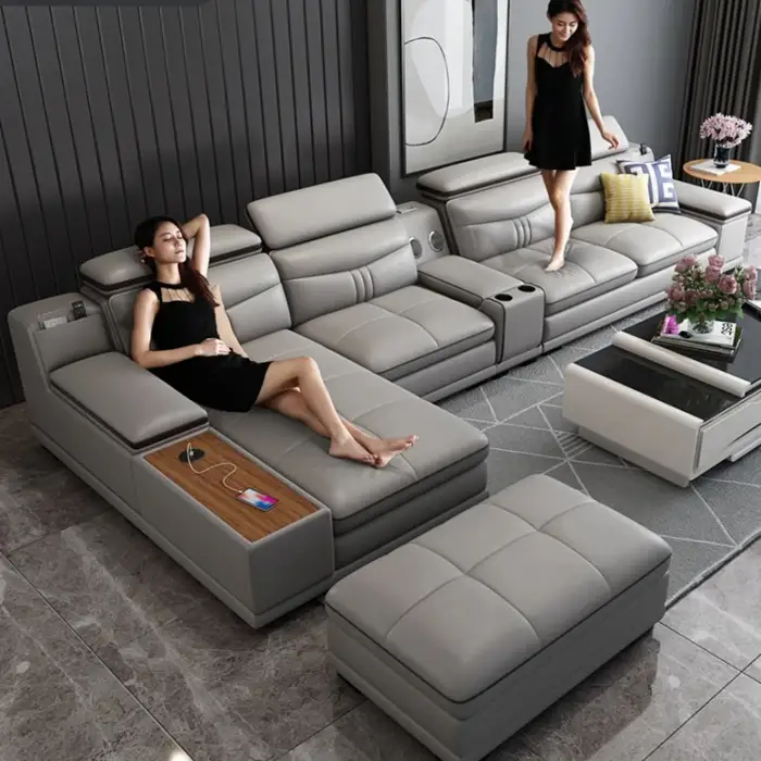 Wood Frame Luxury Sofa L Shape Leather  Set  With Music