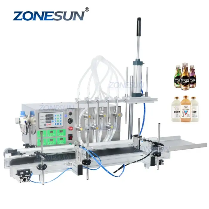 ZONESUN ZS-DTMP6 Six-head Magnetic Pump Liquid 1 Liter Small Scale Glass Bottle Filling Machine With Conveyor