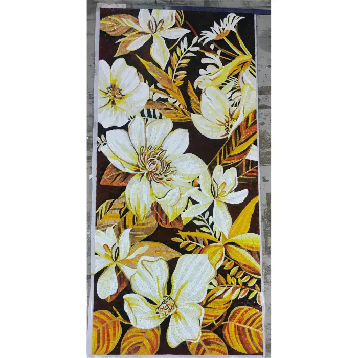 Modern Glass Mosaic Wall Art Golden Flower Version Design Cutouts 260x100cm Wall Murals