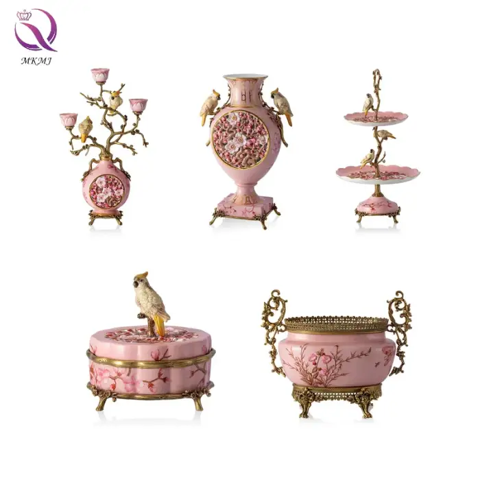 Pink Cherry Blossom Series Classical Copper Porcelain Antique Parrot Bird Home Decoration Retro Artwork Luxury Home Decor