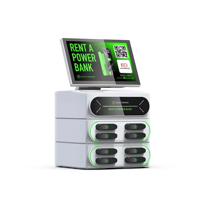 an embedded POS stackable station with screen 4g sharing power bank with app 8 slots cell phone charging locker station