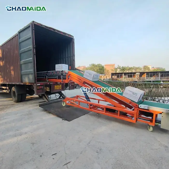 Logistics loading line Hydraulic lifting Up Down Conveyor  Telescopic roller  belt unloading conveyor