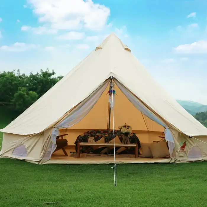 4-Season Waterproof Cotton Canvas Large Family Camper Beige Color Bell Tent