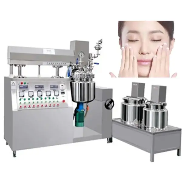 Production line mixer machine for cosmetic lotion and cream manufacturing.